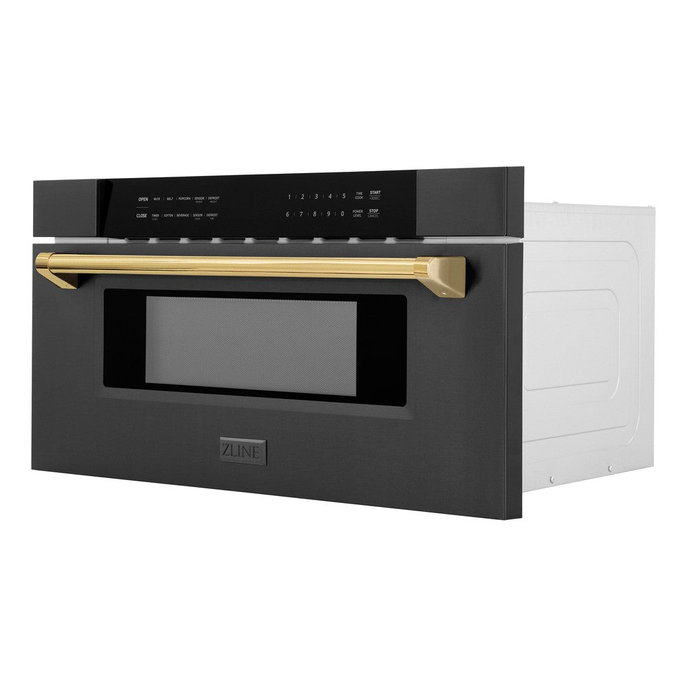 ZLINE Autograph Edition 30-inch microwave in black stainless steel and polished gold accents MWDZ-30-BS-G, side view