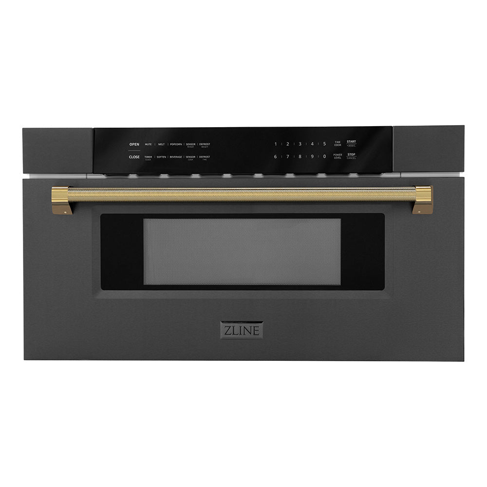 ZLINE Autograph Edition 30-inch microwave in black stainless steel and polished gold accents MWDZ-30-BS-KG