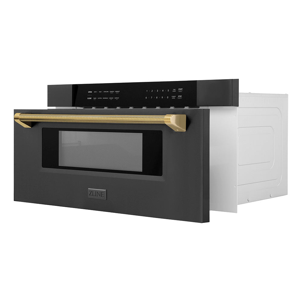 ZLINE Autograph Edition 30-inch microwave in black stainless steel and polished gold accents MWDZ-30-BS-KG, door open
