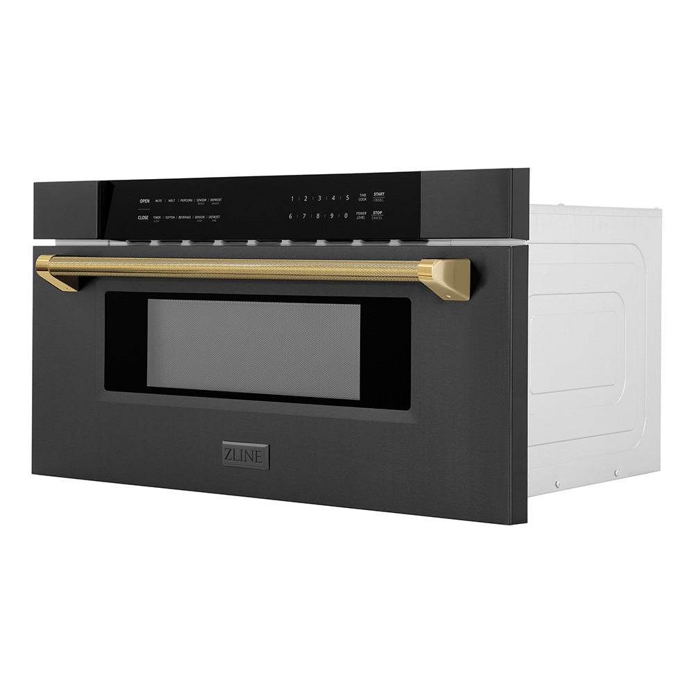ZLINE Autograph Edition 30-inch microwave in black stainless steel and polished gold accents MWDZ-30-BS-KG, side view