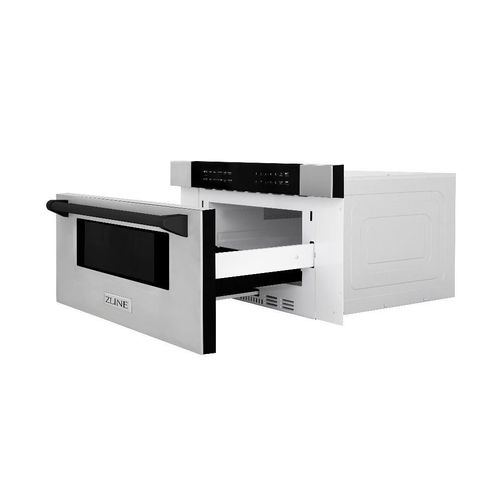 ZLINE Autograph Edition 30-inch microwave in stainless steel and matte black accents MWDZ-30-MB, door open