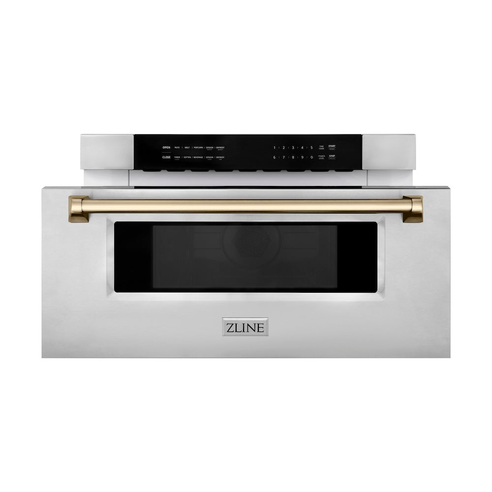 ZLINE Autograph Edition 30-inch microwave in stainless steel and champagne bronze accents MWDZ-30-CB, front view