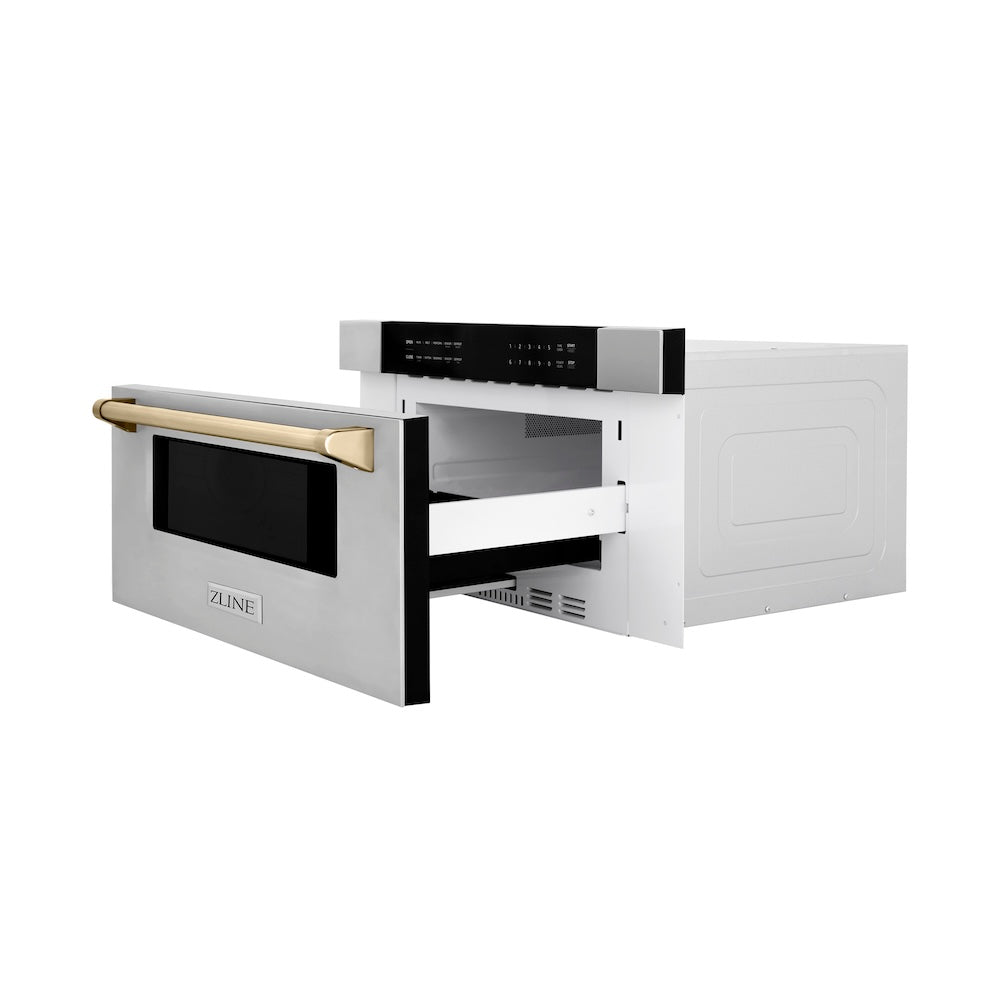 ZLINE Autograph Edition 30-inch microwave in stainless steel and polished gold accents MWDZ-30-G, door open