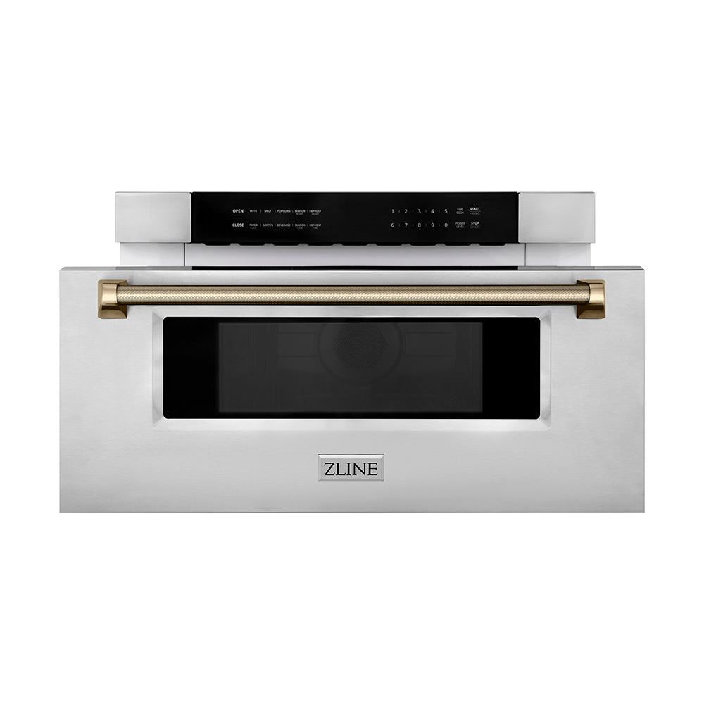 ZLINE Autograph Edition 30-inch microwave in stainless steel and champagne bronze accents MWDZ-30-KCB, front view