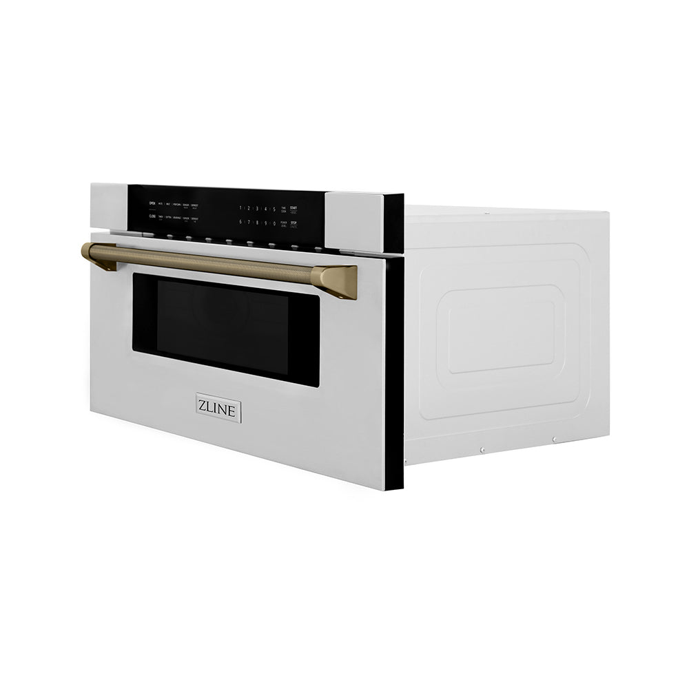 ZLINE Autograph Edition 30-inch microwave in stainless steel and champagne bronze accents MWDZ-30-KCB, side view