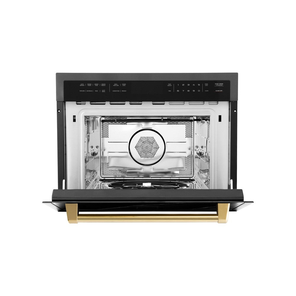 ZLINE Autograph Edition 24-inch microwave in black stainless steel and polished gold accents MWOZ-24-BS-G, front view