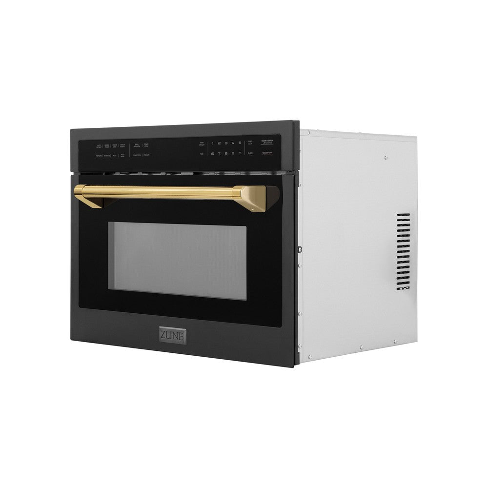 ZLINE Autograph Edition 24-inch microwave in black stainless steel and polished gold accents MWOZ-24-BS-G, side view