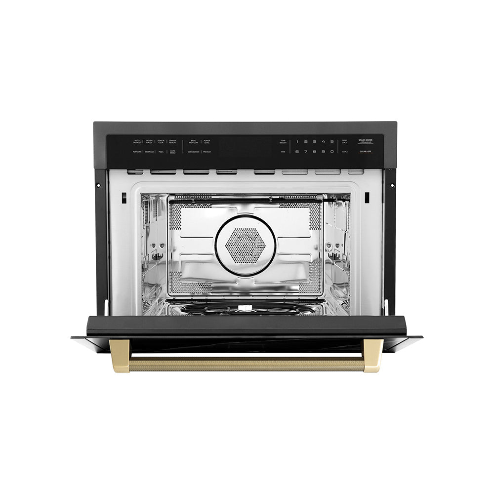 ZLINE Autograph Edition 24-inch microwave in black stainless steel and champagne bronze accents MWOZ-24-BS-KCB, front view