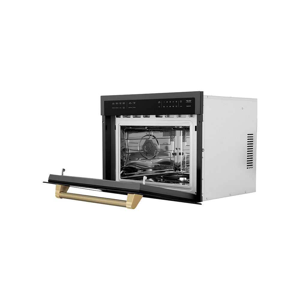 ZLINE Autograph Edition 24-inch microwave in black stainless steel and champagne bronze accents MWOZ-24-BS-KCB, door open