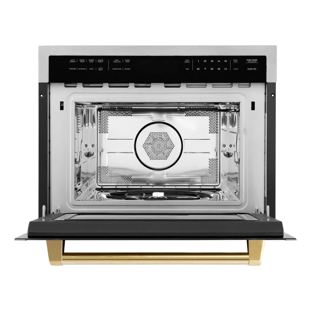 ZLINE Autograph Edition 24-inch microwave in stainless steel and polished gold accents MWOZ-24-G, front view