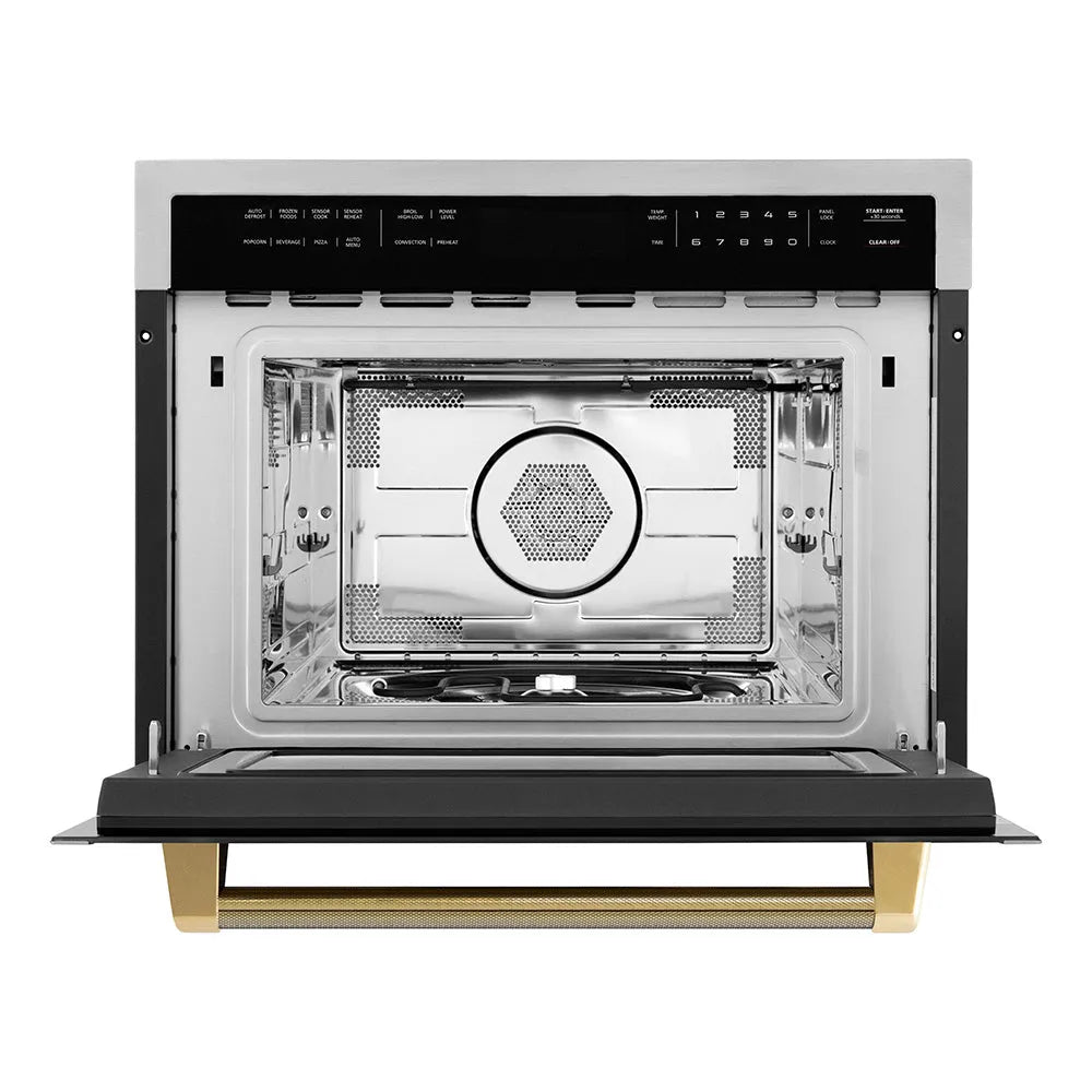 ZLINE Autograph Edition 24-inch microwave in stainless steel and polished gold accents MWOZ-24-KG, front view