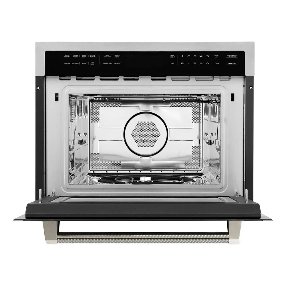 ZLINE Autograph Edition 24-inch microwave in stainless steel and polished nickel accents MWOZ-24-KPN, front view