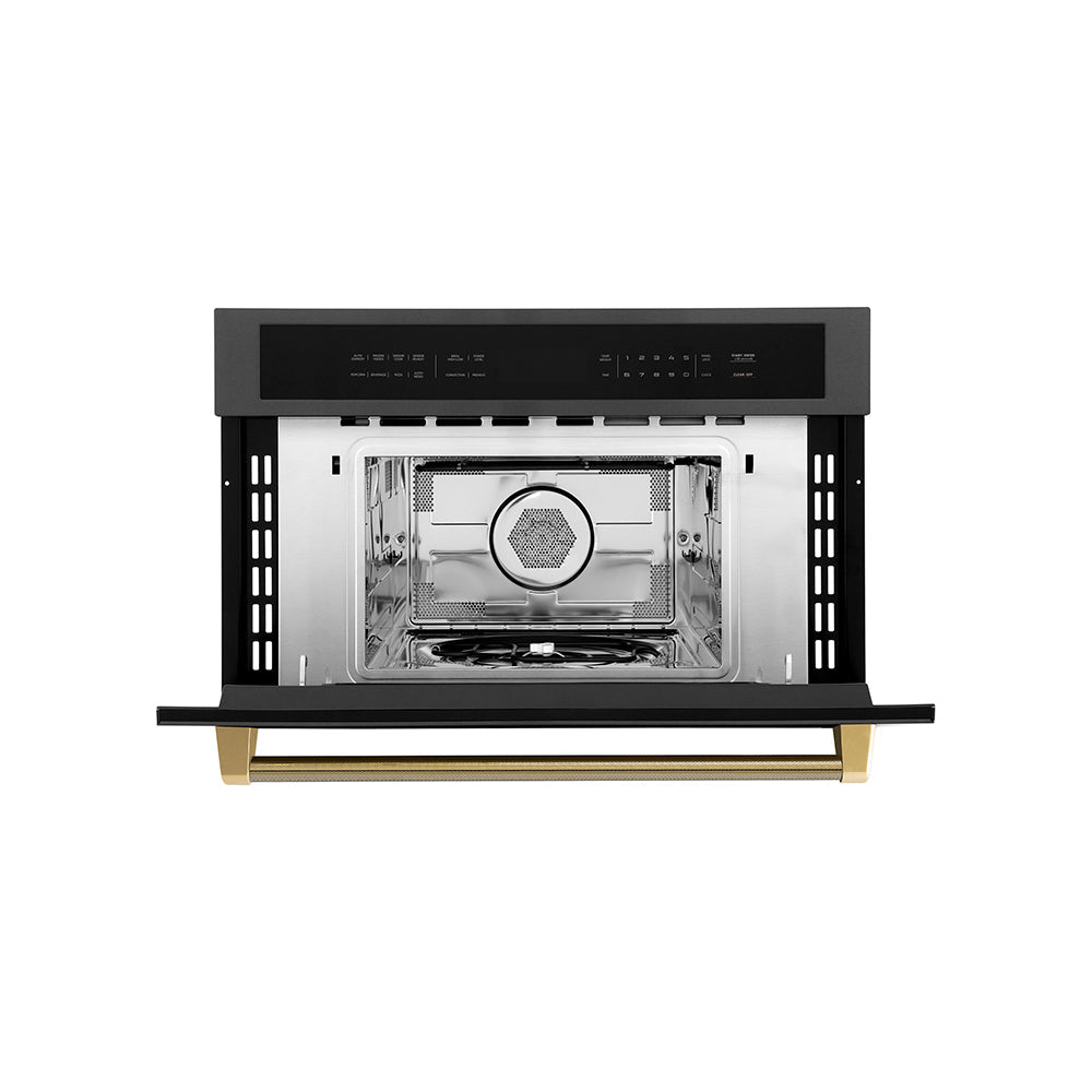 ZLINE Autograph Edition 30-inch microwave in black stainless steel and polished gold accents MWOZ-30-BS-KG, front view