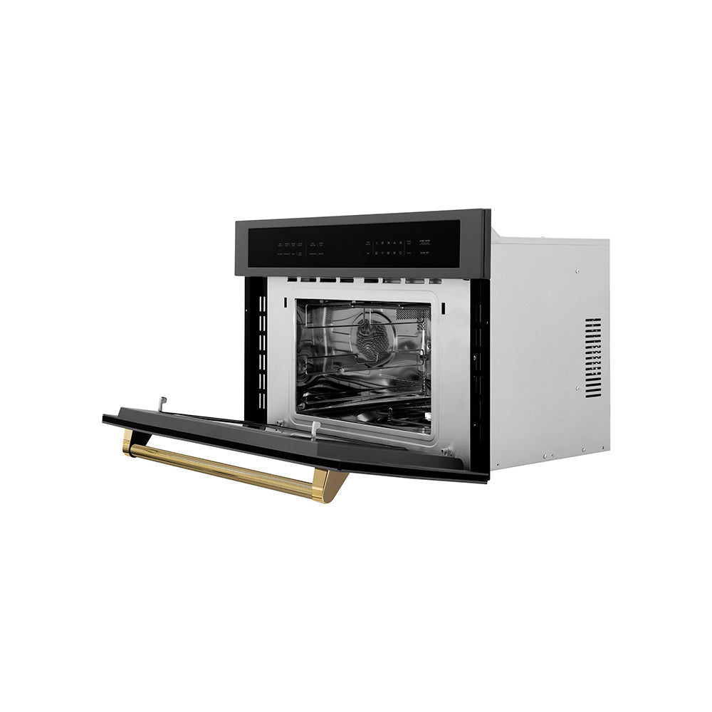 ZLINE Autograph Edition 30-inch microwave in black stainless steel and polished gold accents MWOZ-30-BS-KG, door open