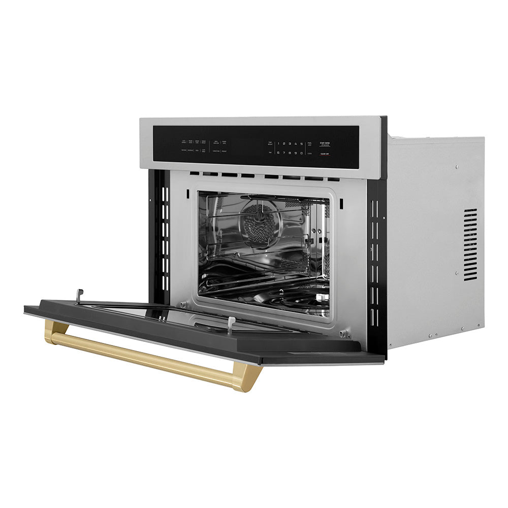 ZLINE Autograph Edition 30-inch microwave in stainless steel and champagne bronze accents MWOZ-30-CB, door open
