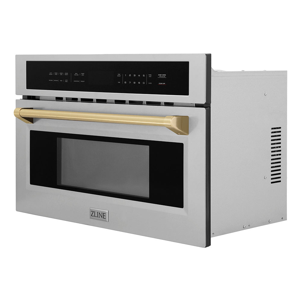 ZLINE Autograph Edition 30-inch microwave in stainless steel and champagne bronze accents MWOZ-30-CB, side view