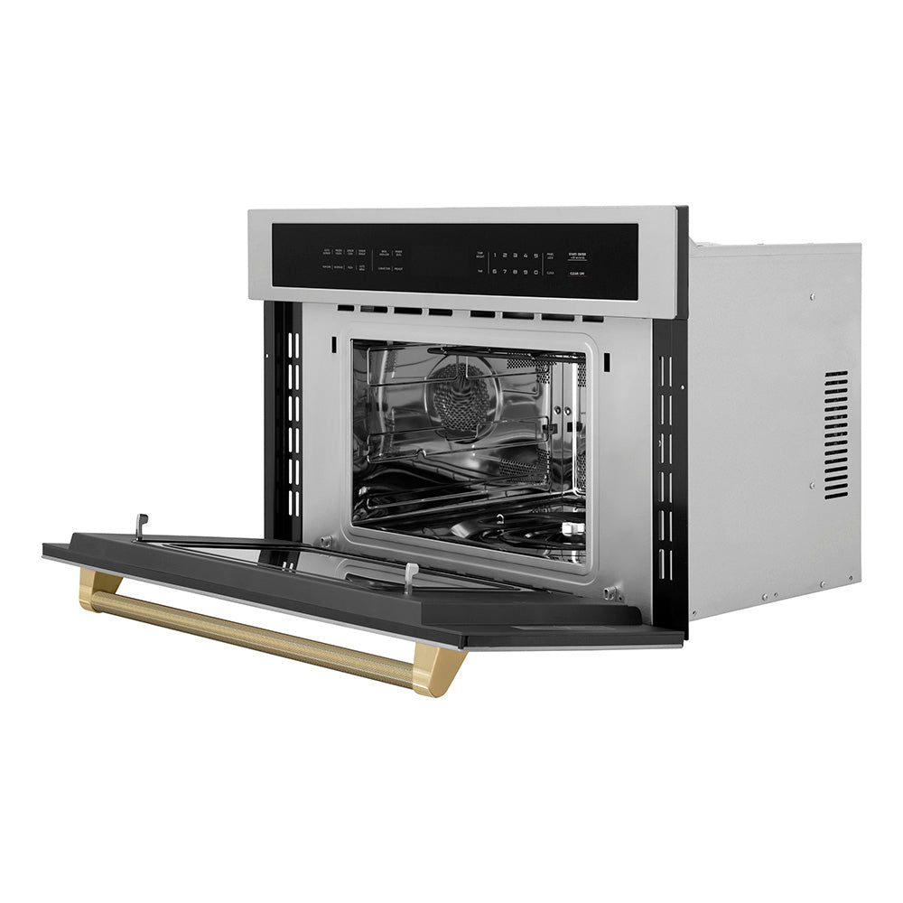 ZLINE Autograph Edition 30-inch microwave in stainless steel and champagne bronze accents MWOZ-30-KCB, door open