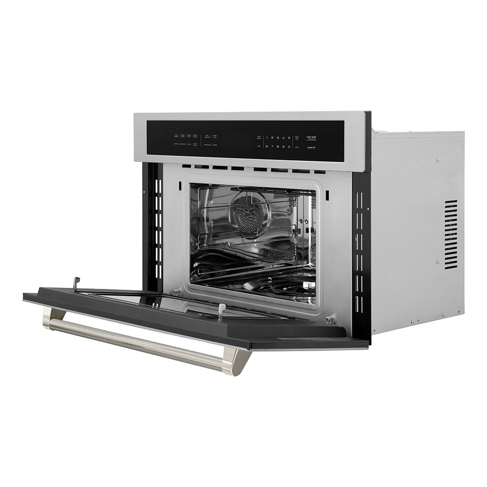 ZLINE Autograph Edition 30-inch microwave in stainless steel and polished nickel accents MWOZ-30-KPN, door open