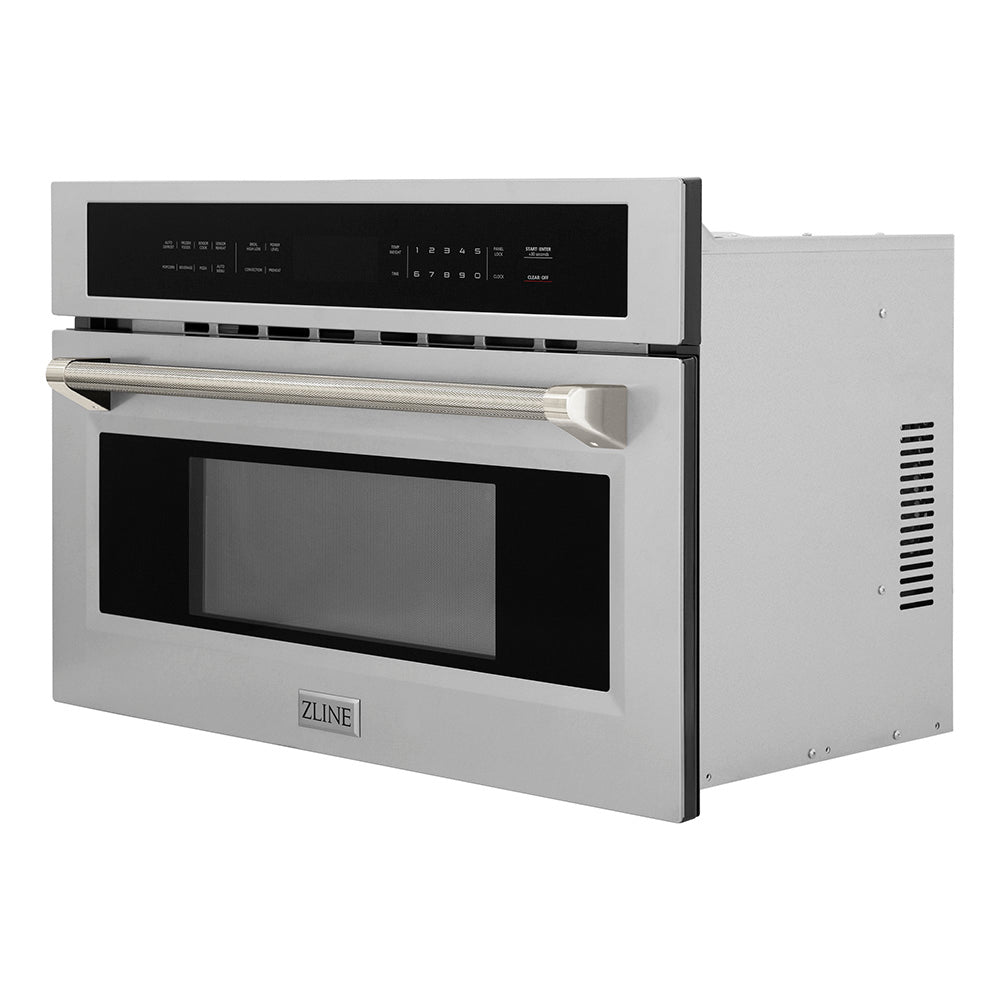 ZLINE Autograph Edition 30-inch microwave in stainless steel and polished nickel accents MWOZ-30-KPN, side view
