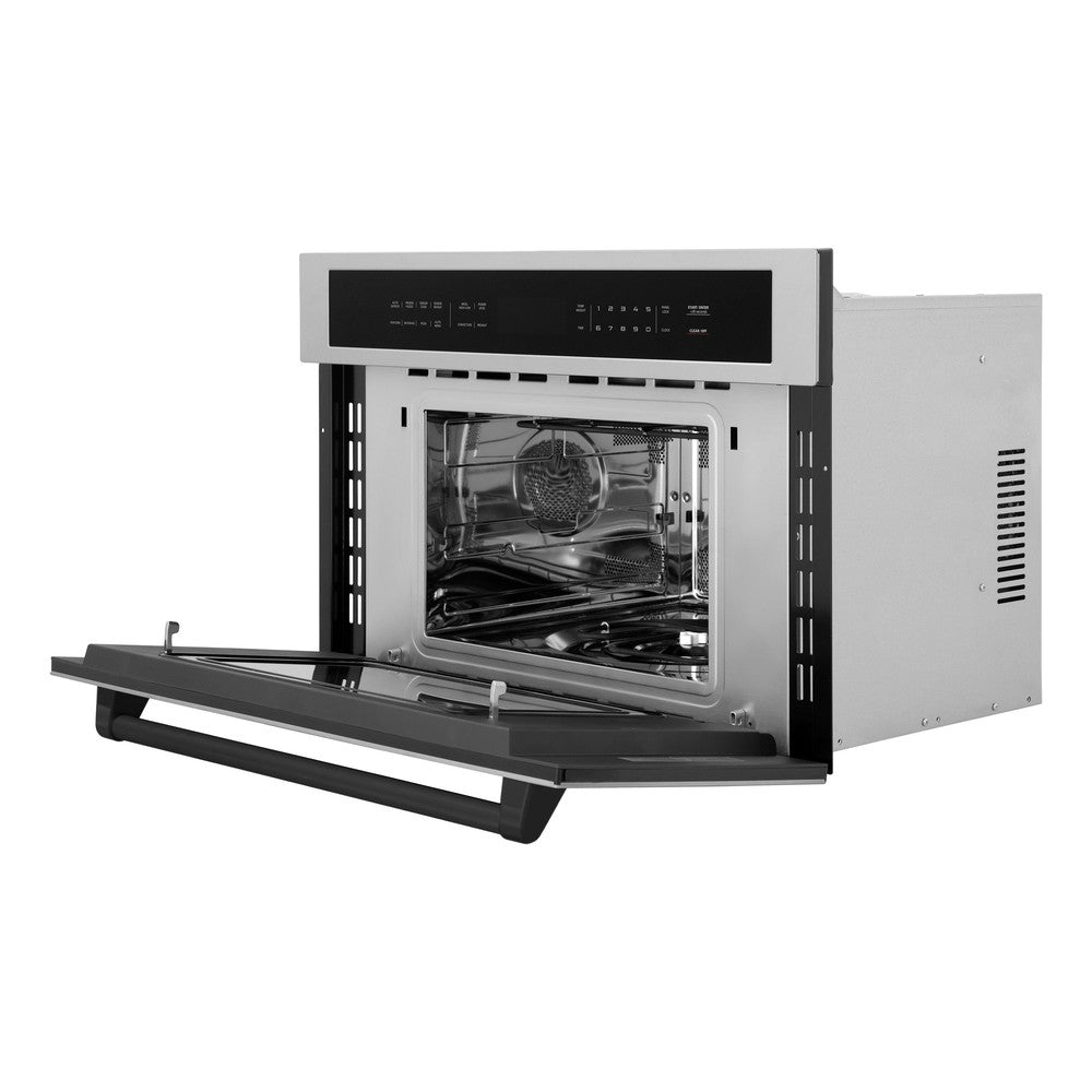 ZLINE Autograph Edition 30-inch microwave in stainless steel and matte black accents MWOZ-30-MB, door open