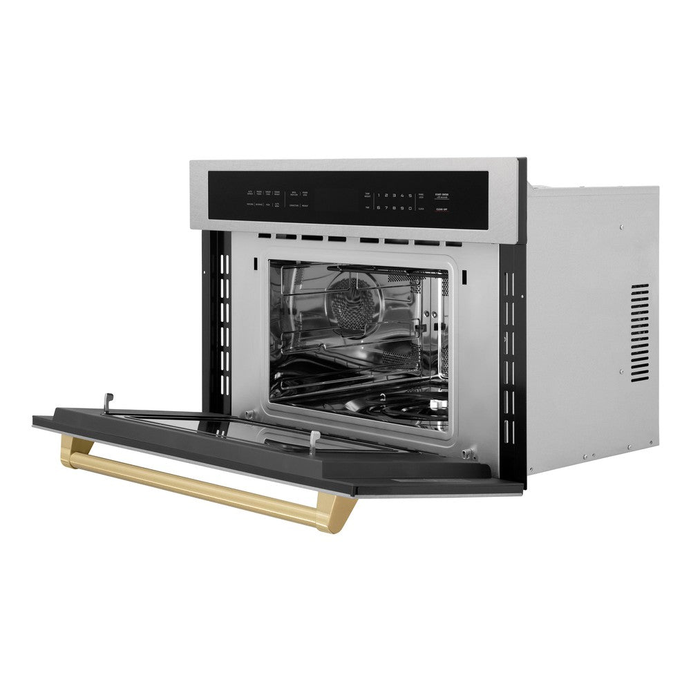 ZLINE Autograph Edition 30-inch microwave in satin stainless steel and champagne bronze accents MWOZ-30-SS-CB, door open