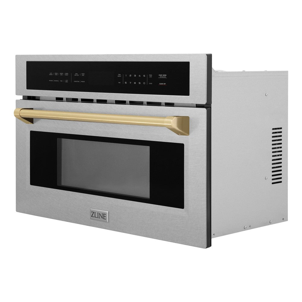 ZLINE Autograph Edition 30-inch microwave in satin stainless steel and champagne bronze accents MWOZ-30-SS-CB, side view