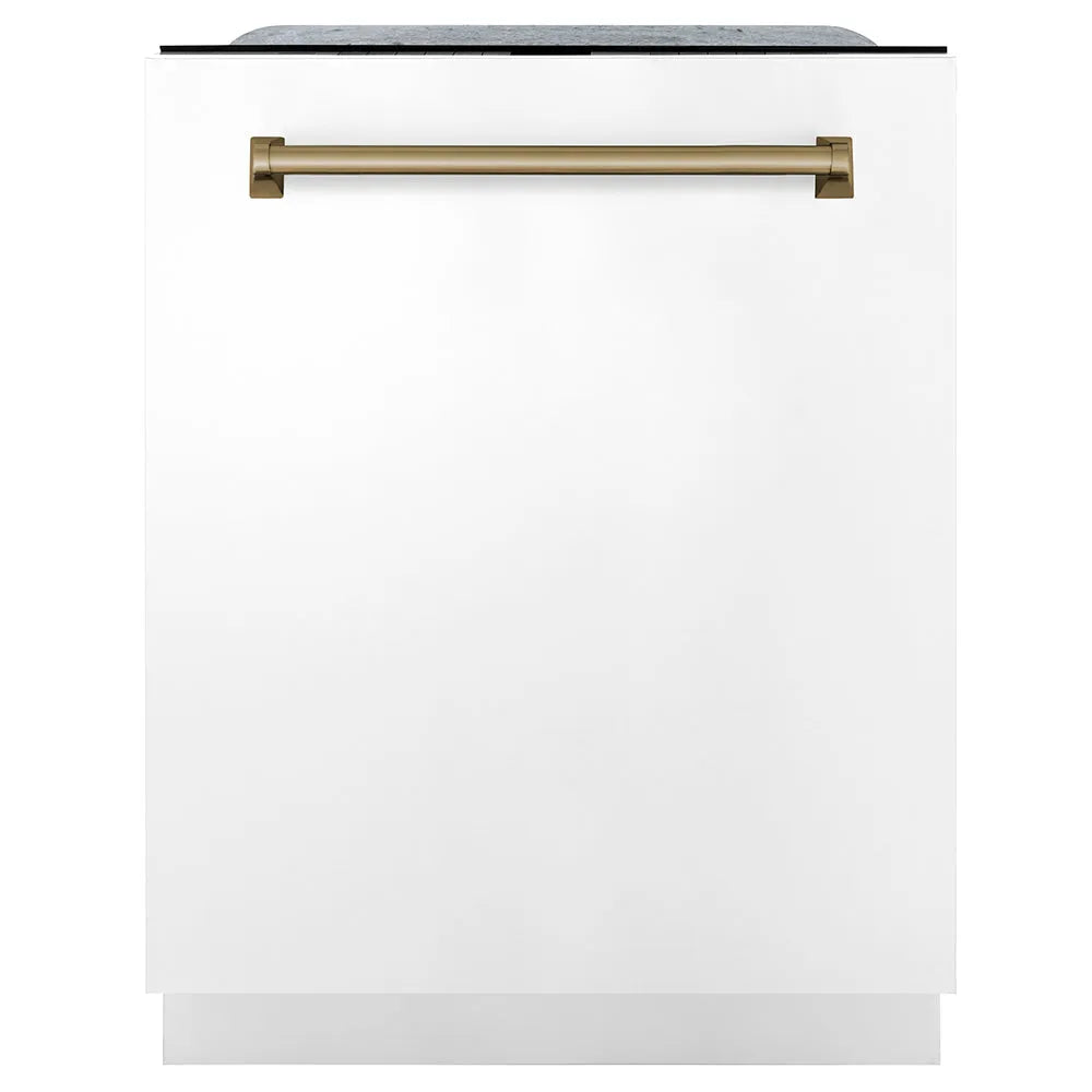 ZLINE Autograph Edition Monument 24-inch dishwasher in white matte and champagne bronze accents DWMTZ-WM-24-CB