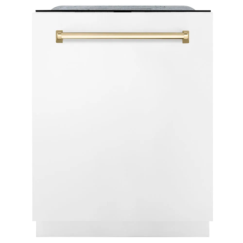 ZLINE Autograph Edition Monument 24-inch dishwasher in white matte and polished gold accents DWMTZ-WM-24-G