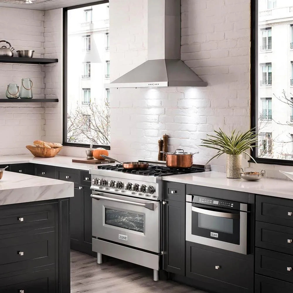 ZLINE 36-inch kitchen package 3KP-RARH36-MW installed in a kitchen