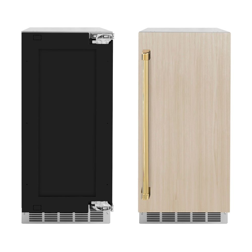 ZLINE Autograph Edition Touchstone 15-inch ice maker, panel ready and polished gold accents ICCDPZ-15-G, front view