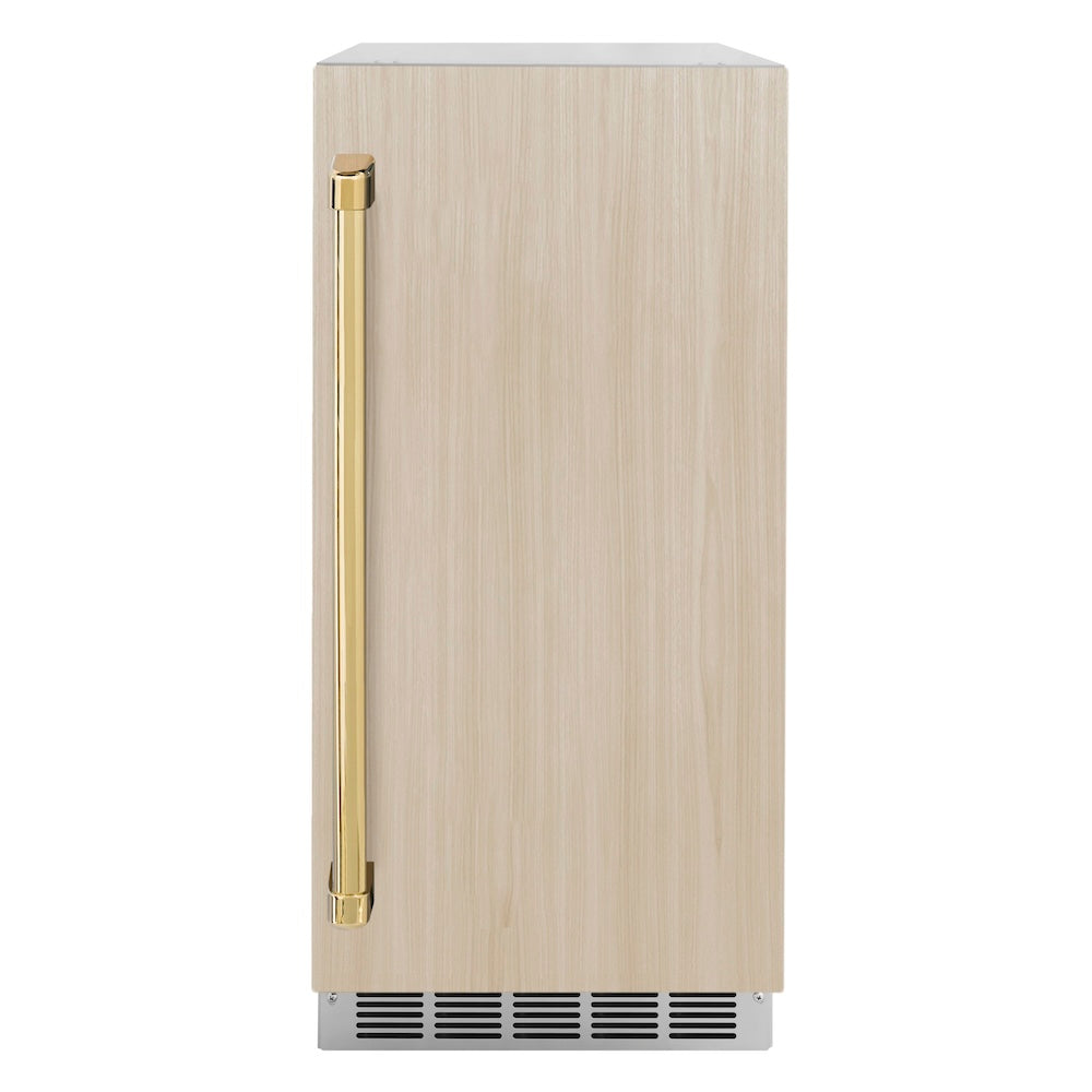 ZLINE Autograph Edition Touchstone 15-inch ice maker, panel ready and polished gold accents IGMDPZ-15-G, front view