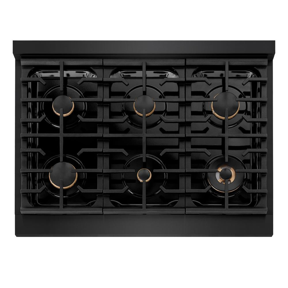 ZLINE Autograph Edition Paramount 36-inch rangetop in black stainless steel and champagne bronze accents SRTBZ-36-CB, from above