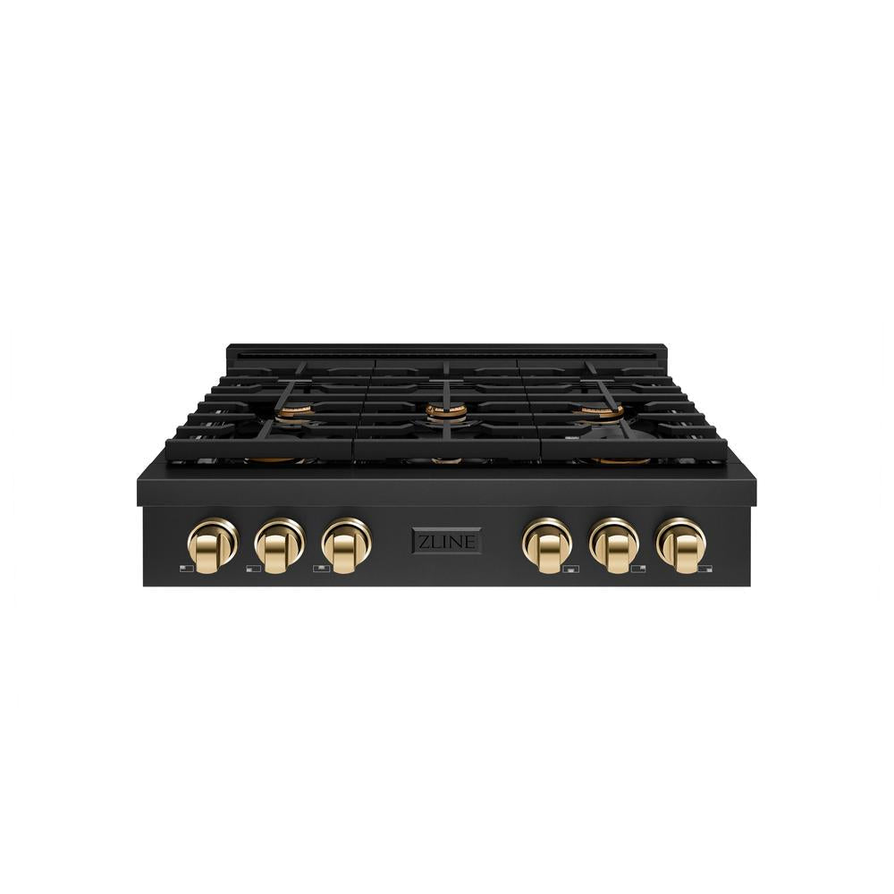ZLINE Autograph Edition Paramount 36-inch rangetop in black stainless steel and polished gold accents SRTBZ-36-G