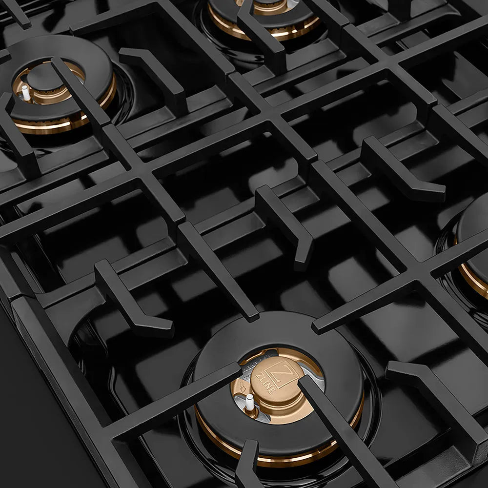 ZLINE Autograph Edition Paramount 30-inch rangetop in black stainless steel and polished gold accents PSRTBZ-30-G, from above