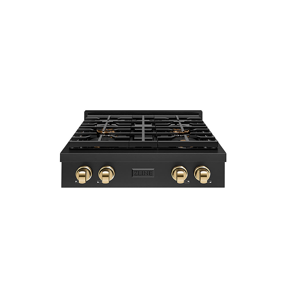 ZLINE Autograph Edition Paramount 30-inch rangetop in black stainless steel and polished gold accents PSRTBZ-30-G, front view