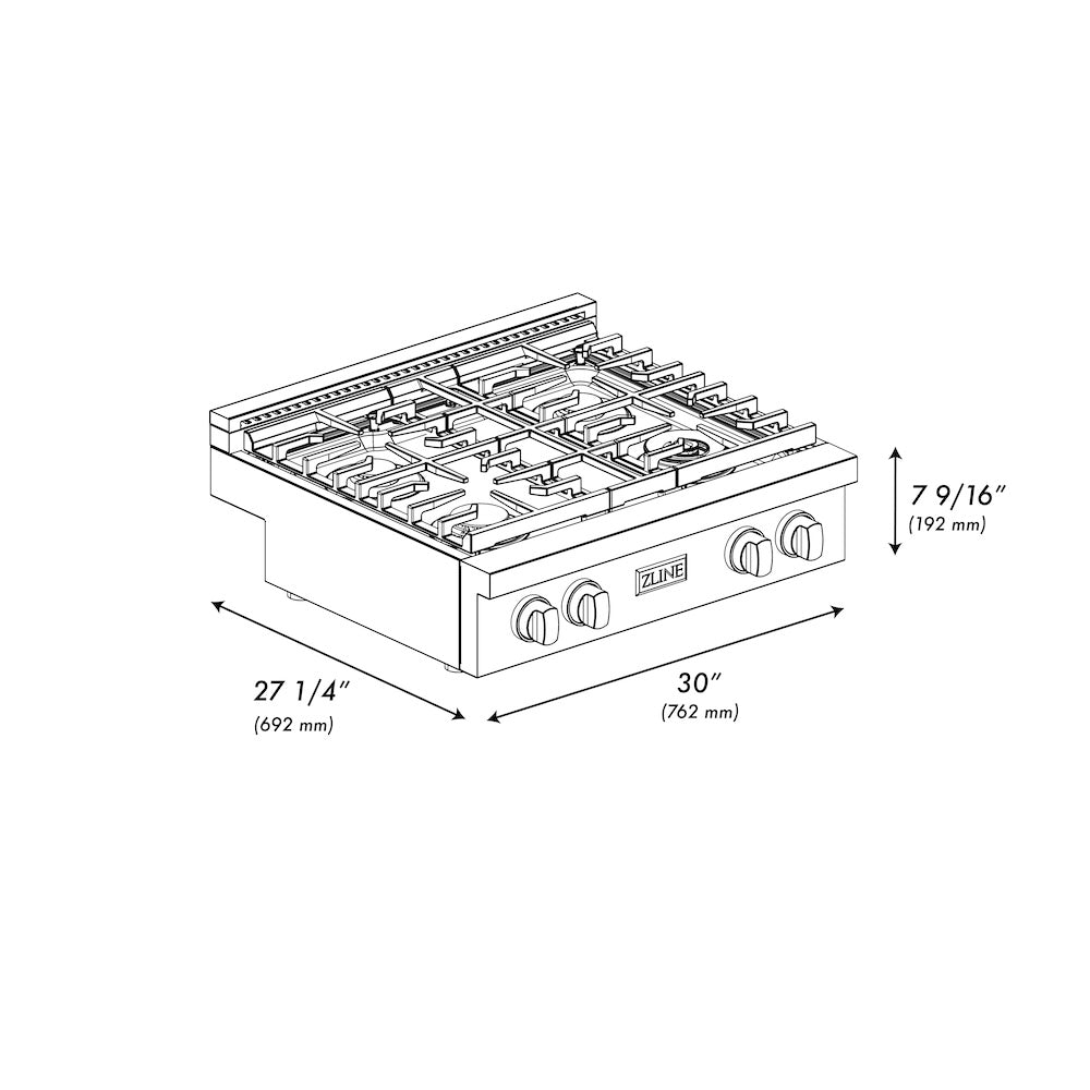 ZLINE Paramount 30-inch rangetop in black stainless steel SRTB-30, from above