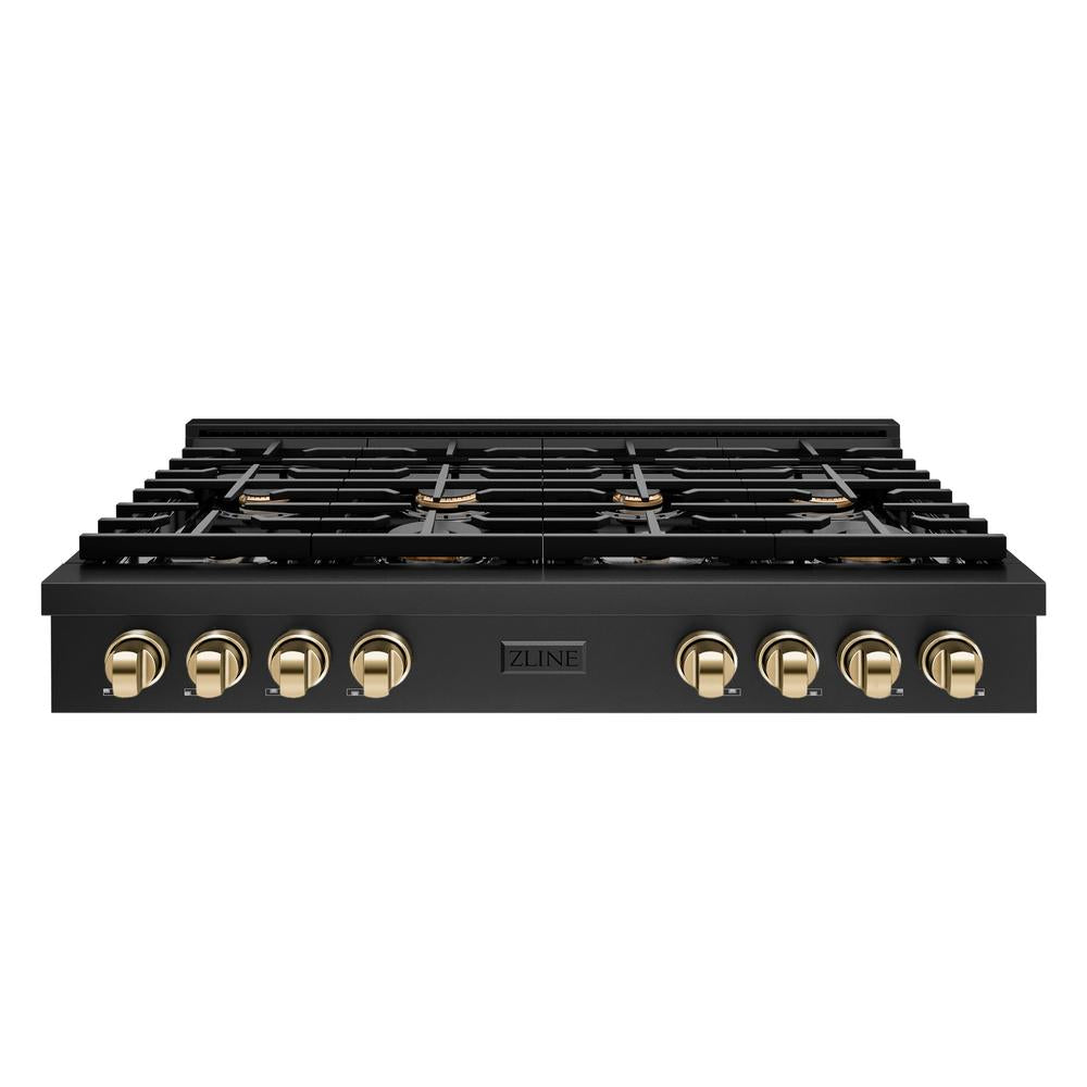 ZLINE Autograph Edition Paramount 48-inch rangetop in black stainless steel and polished gold accents SRTBZ-48-G
