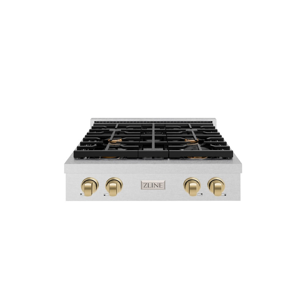 ZLINE Autograph Edition Paramount 30-inch rangetop in satin stainless steel and champagne bronze accents SRTSZ-30-CB, front view