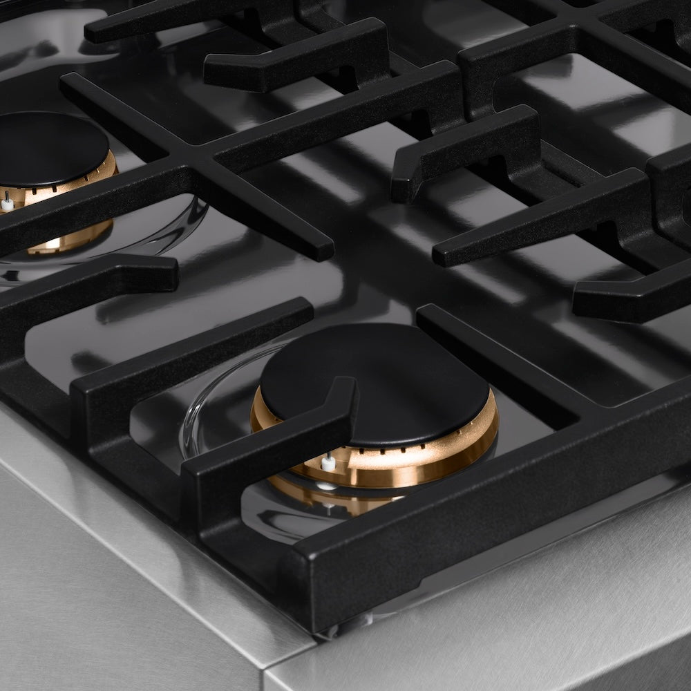 ZLINE Autograph Edition Paramount 30-inch rangetop in satin stainless steel and polished gold accents SRTSZ-30-G, from above