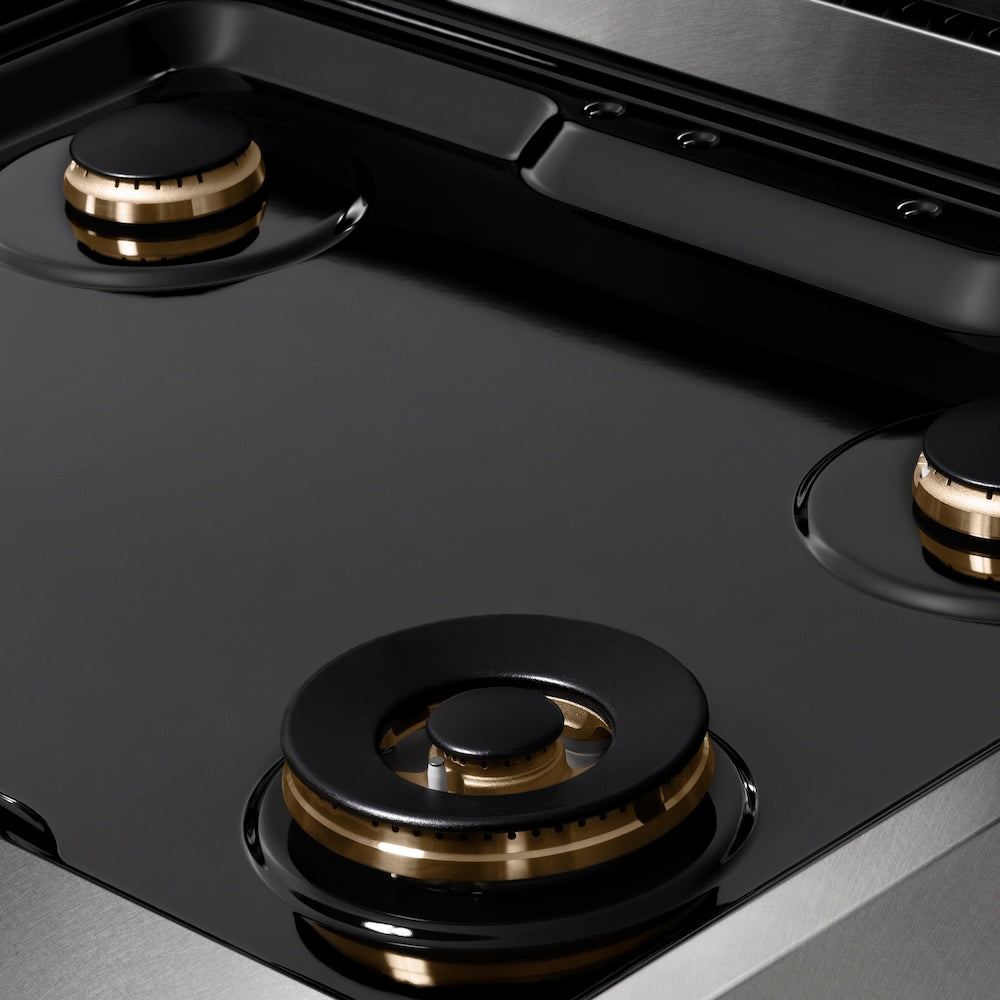 ZLINE Autograph Edition Paramount 30-inch rangetop in satin stainless steel and polished gold accents SRTSZ-30-G, from above