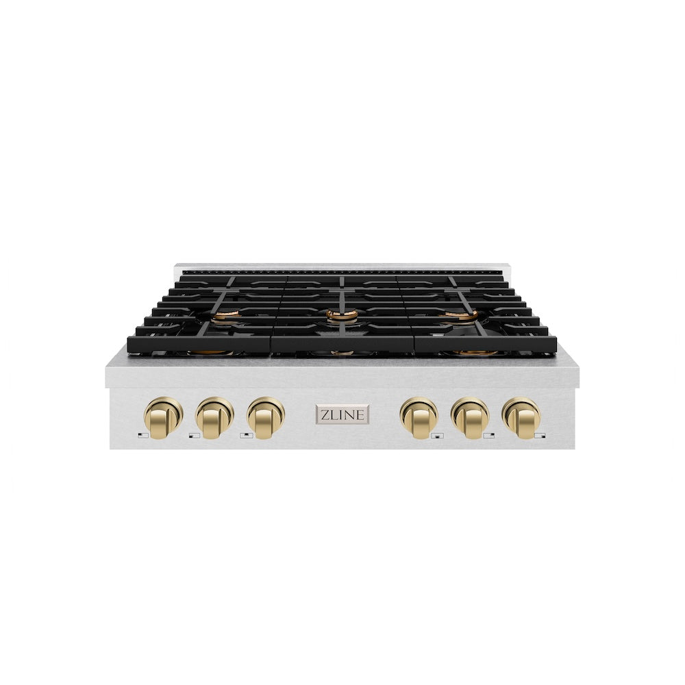 ZLINE Autograph Edition Paramount 36-inch rangetop in satin stainless steel and champagne bronze accents SRTSZ-36-CB, front view