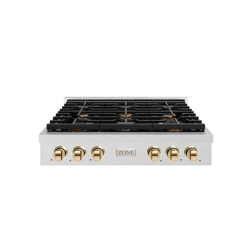 ZLINE Autograph Edition Paramount 36-inch rangetop in satin stainless steel and polished gold accents SRTSZ-36-G, front view