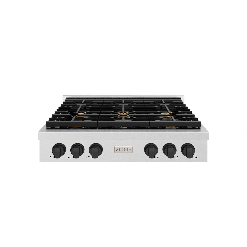 ZLINE Autograph Edition Paramount 36-inch rangetop in satin stainless steel and matte black accents SRTSZ-36-MB, front view