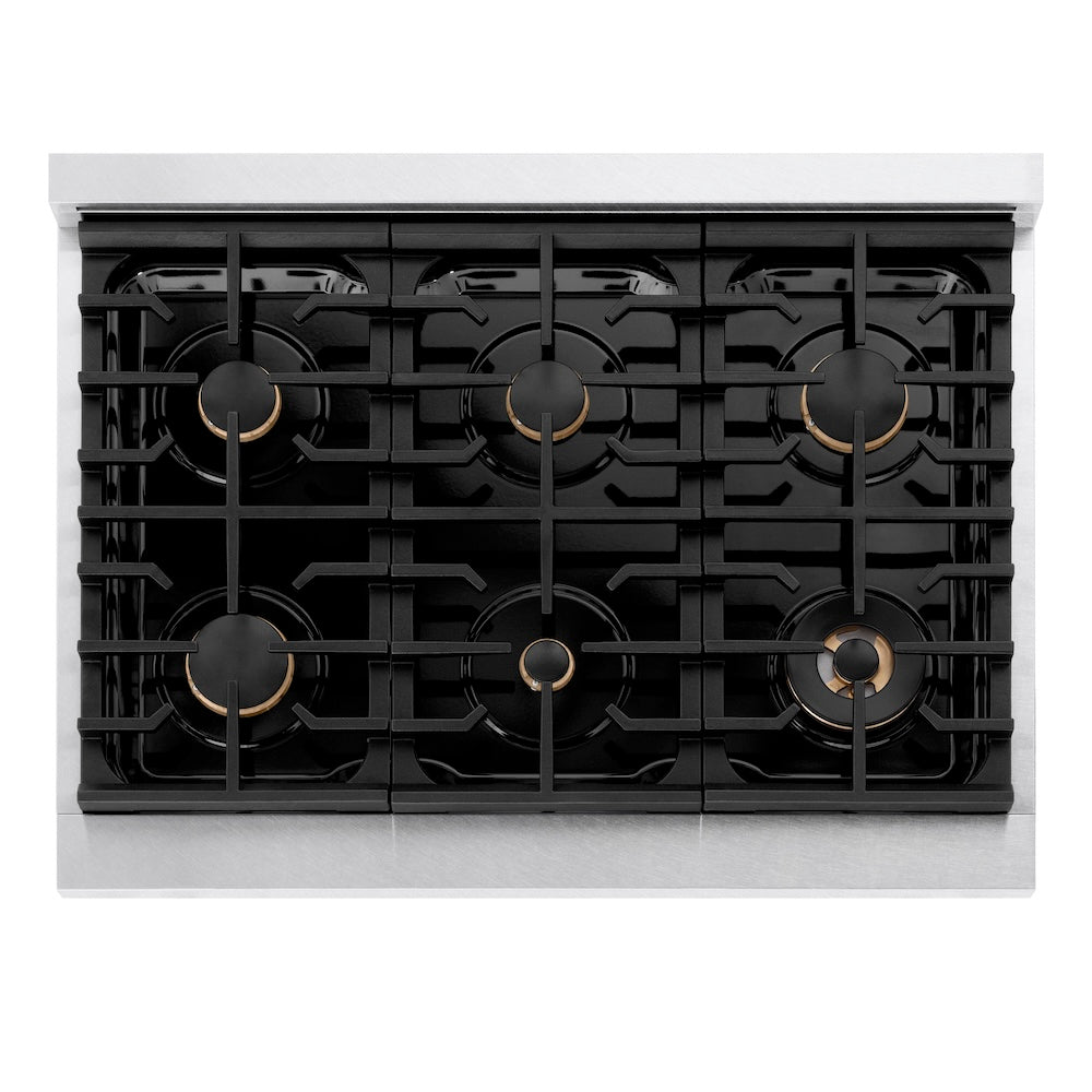 ZLINE Autograph Edition Paramount 36-inch rangetop in satin stainless steel and matte black accents SRTSZ-36-MB, from above