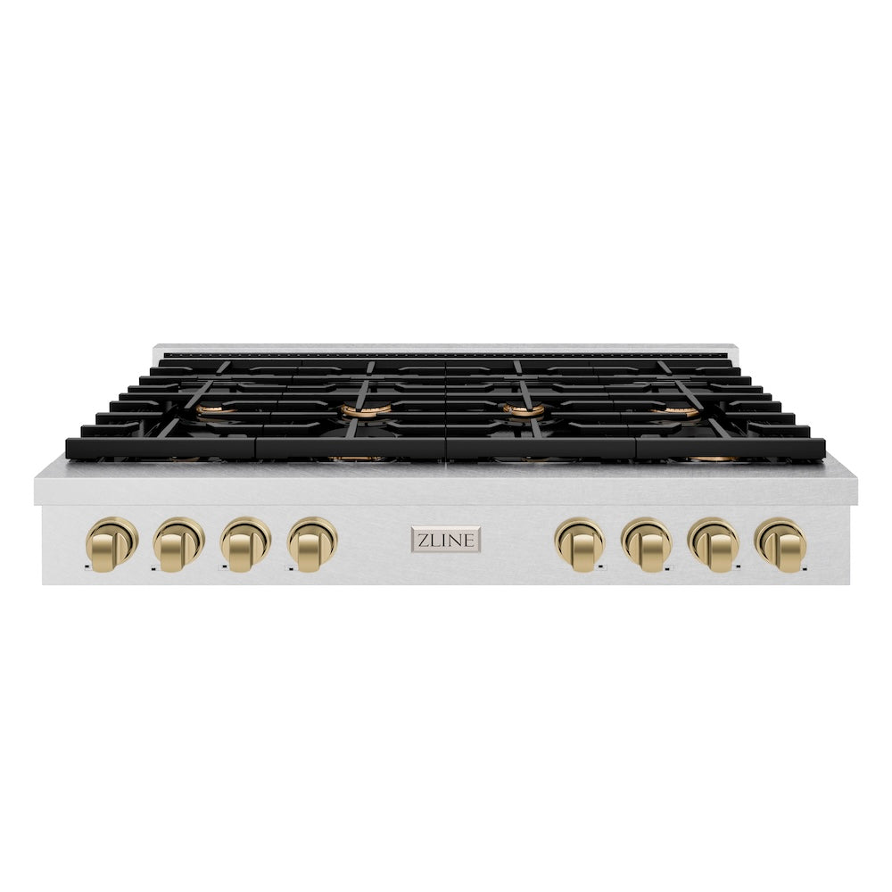 ZLINE Autograph Edition Paramount 48-inch rangetop in satin stainless steel and champagne bronze accents SRTSZ-48-CB, front view