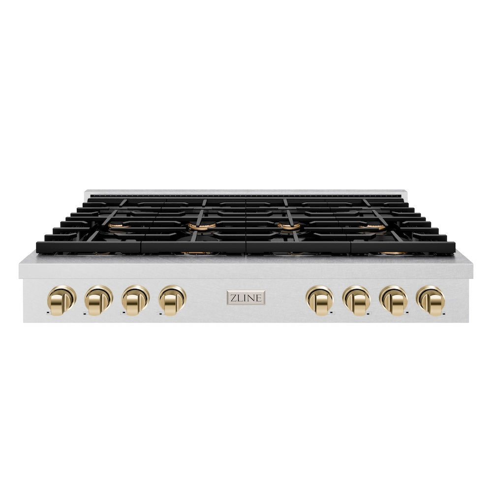 ZLINE Autograph Edition Paramount 48-inch rangetop in satin stainless steel and polished gold accents SRTSZ-48-G, front view