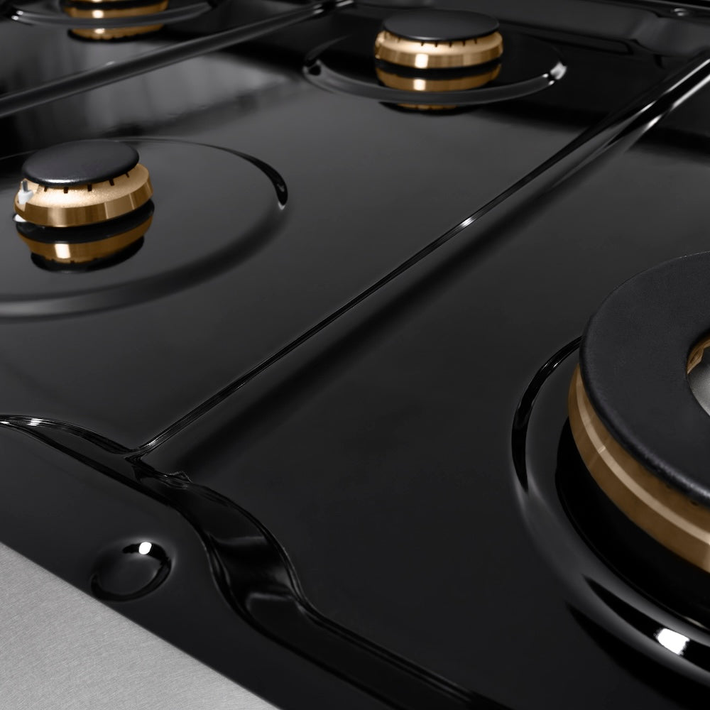 ZLINE Autograph Edition Paramount 48-inch rangetop in satin stainless steel and polished gold accents SRTSZ-48-G, from above