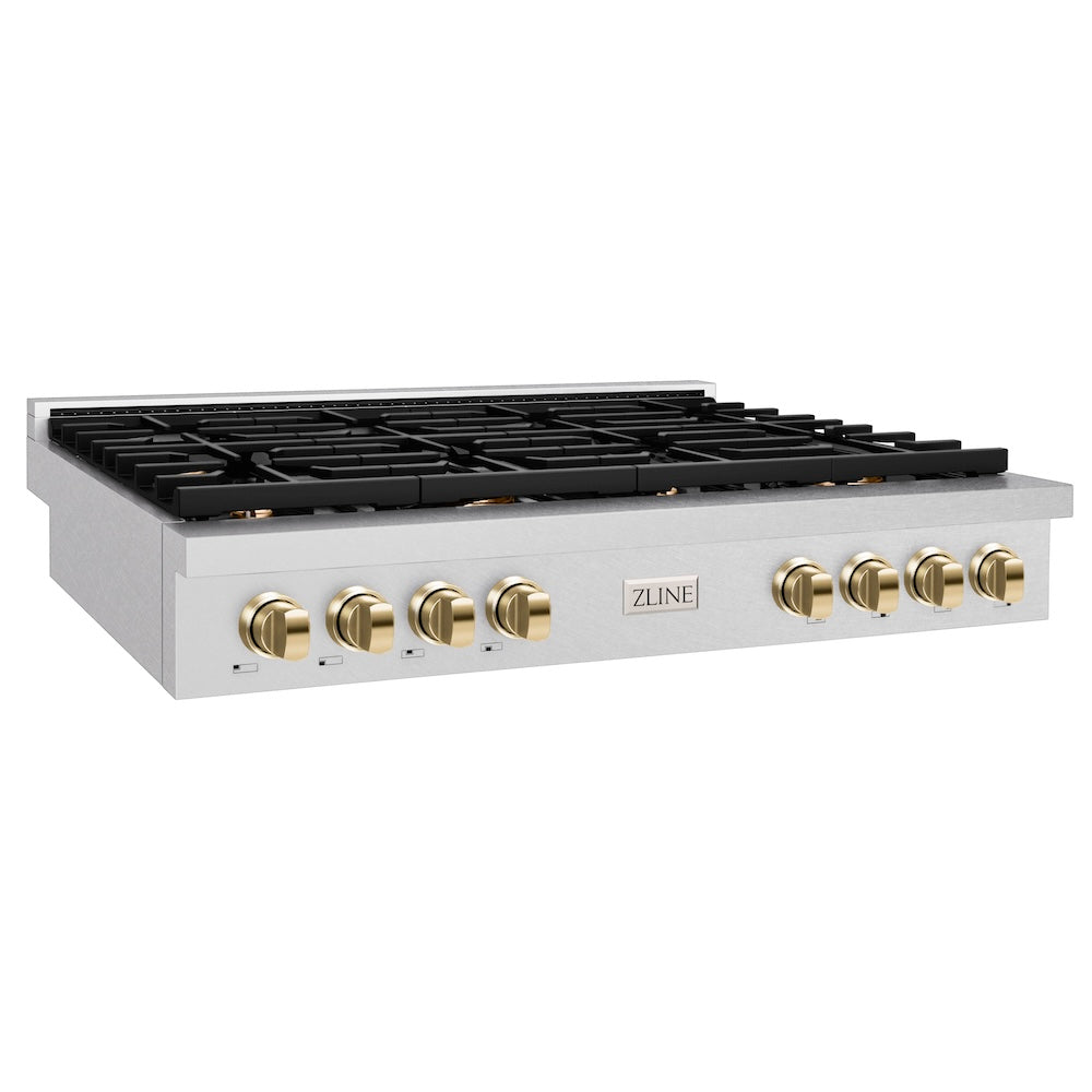 ZLINE Autograph Edition Paramount 48-inch rangetop in satin stainless steel and polished gold accents SRTSZ-48-G