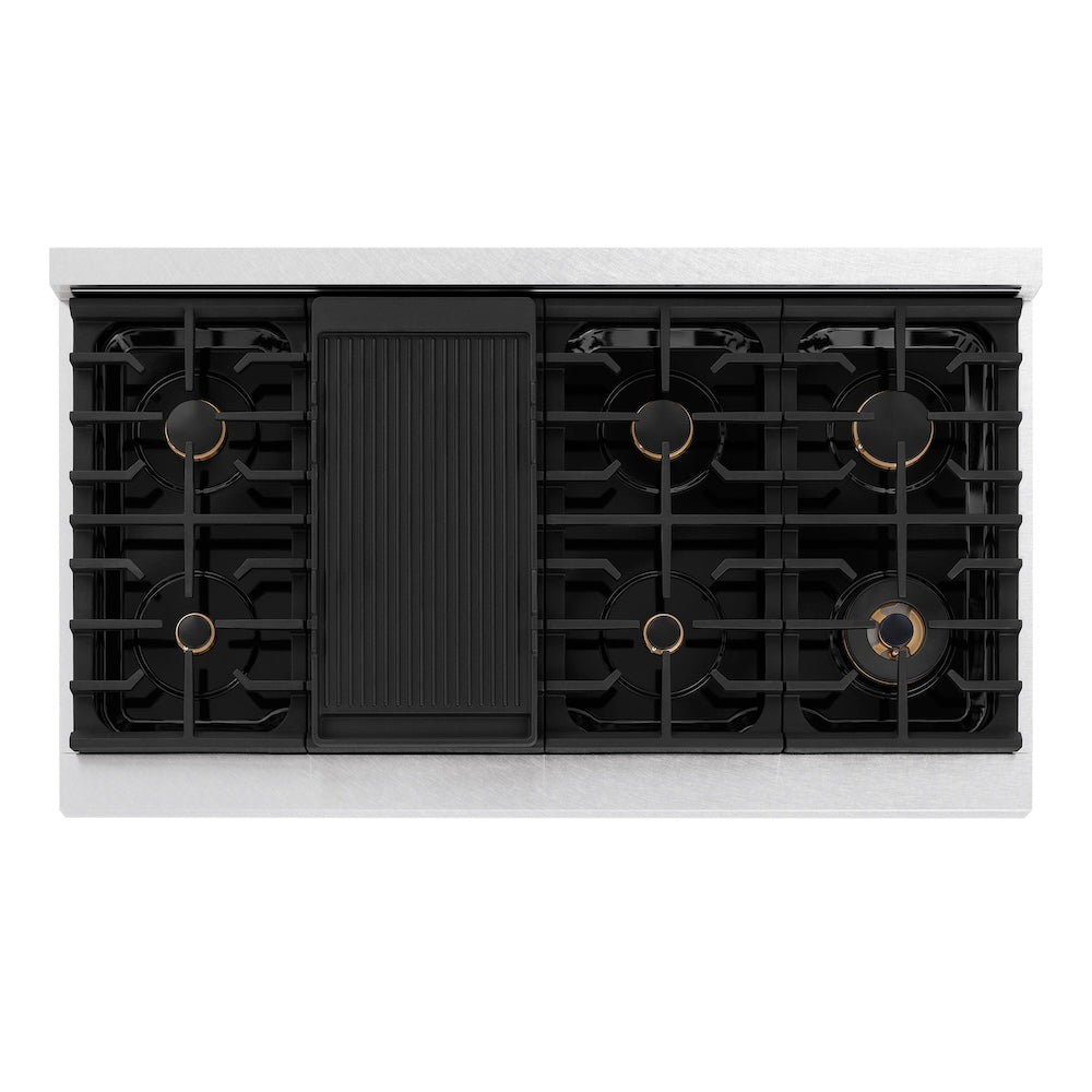 ZLINE Autograph Edition Paramount 48-inch rangetop in satin stainless steel and polished gold accents SRTSZ-48-G, from above