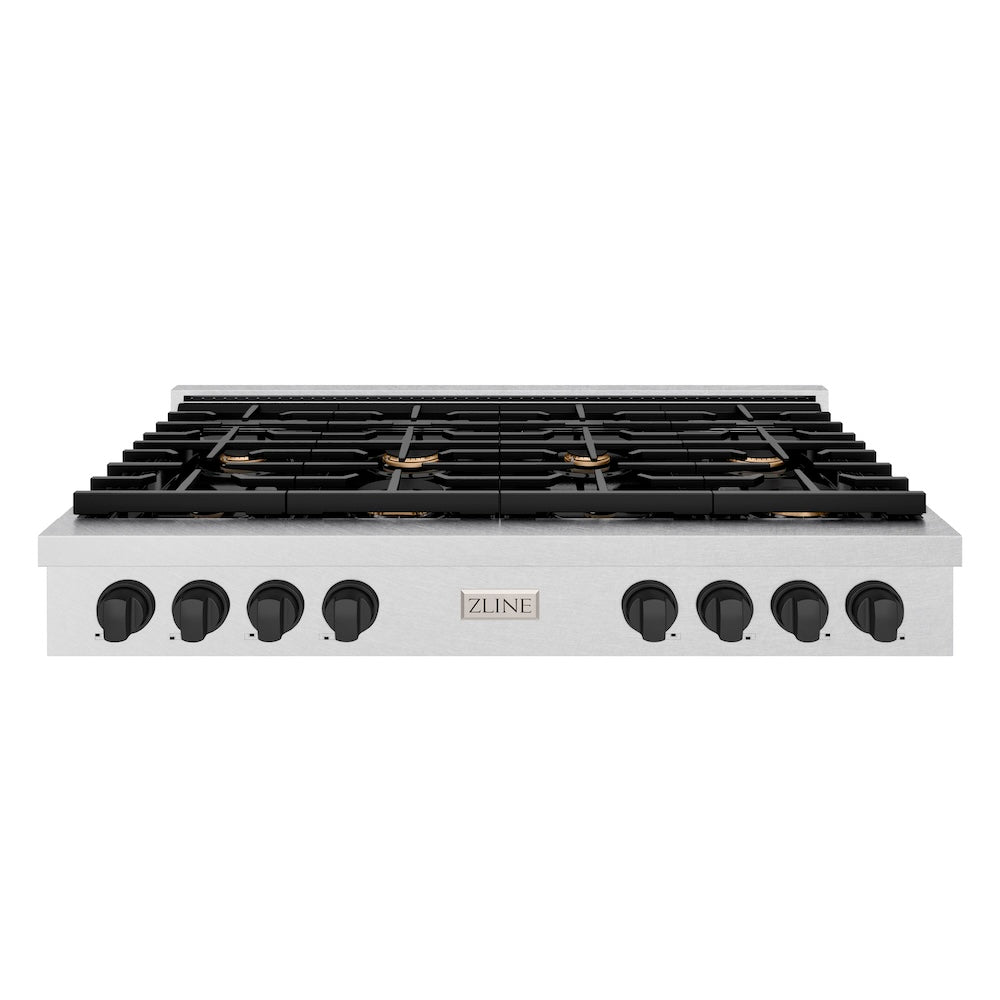 ZLINE Autograph Edition Paramount 48-inch rangetop in satin stainless steel and matte black accents SRTSZ-48-MB, front view